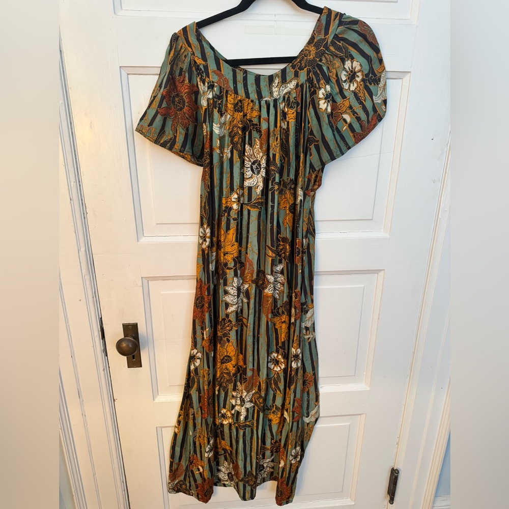 Natalie Martin Green Striped Floral Maxi Dress with Mustard Accents